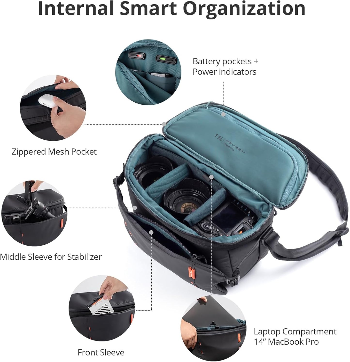 PGYTECH OneMo Sling Camera Bag 11L-13L, waterproof Crossbody Camera Shoulder Bag for Photographers Travel, DSLR Camera Bag for Sony/Canon/Nikon/DJI Mavic/Mirrorless/Tripod/Laptop