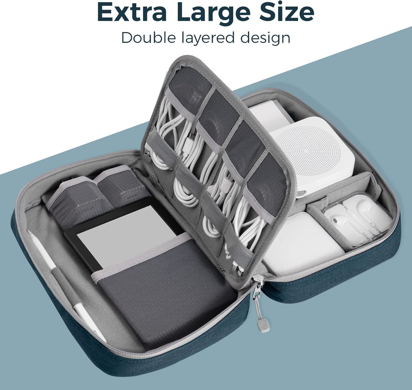 pack all Electronic Organizer Plus, Larger Capcity Cable Organizer Bag, Shockproof Carrying Case, Portable Cord Travel Organizer Storage Bag for Cables, Chargers, Phones, USB, SD Cards(Navy Blue)