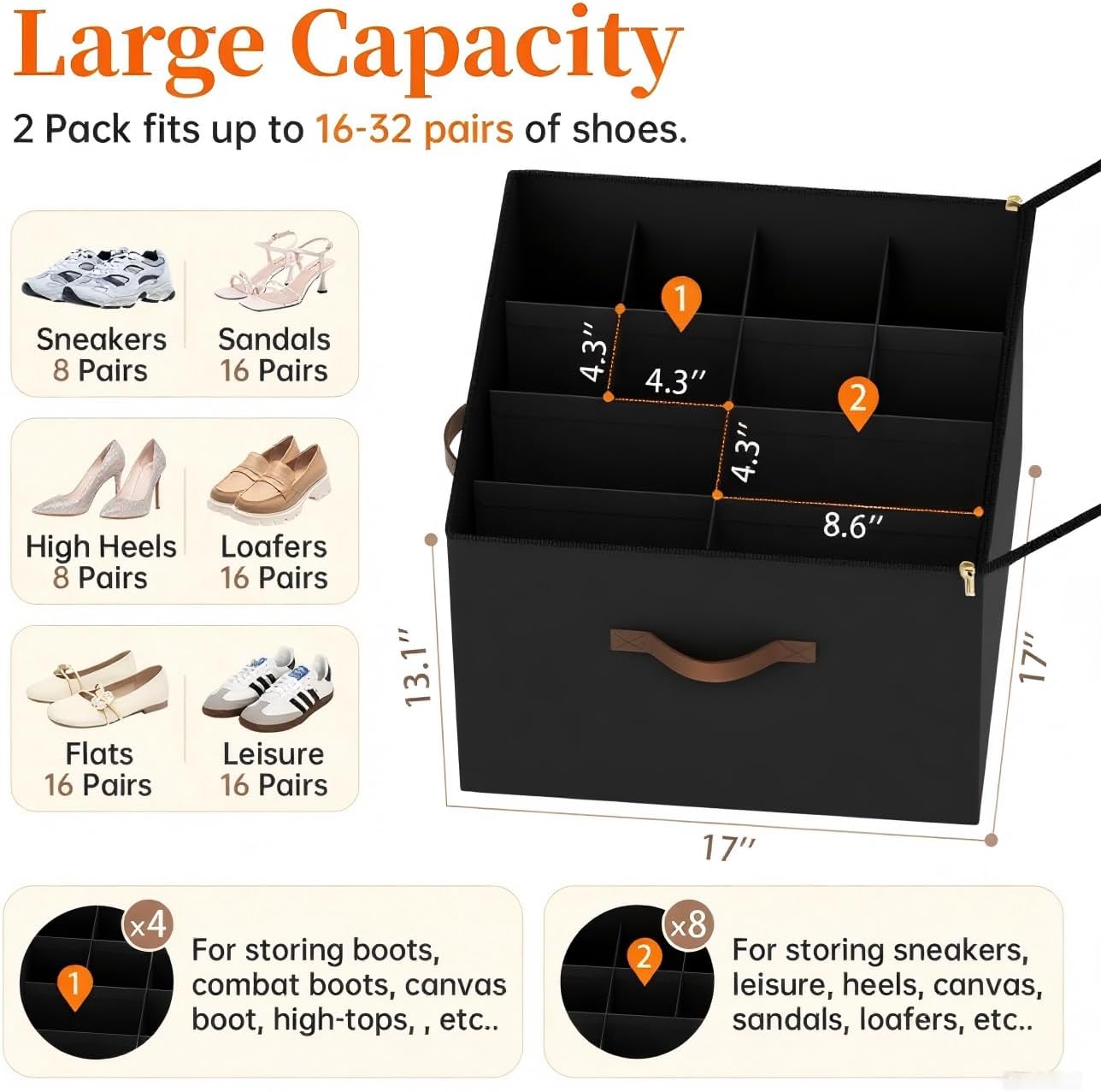 Shoe Organizer for Closet, Foldable Shoe Storage Containers, Fits up to 16 Pairs, Large Shoe Storage Organizer Box Cubby Baskets Bins with Clear Cover and Reinforced Handles, Black