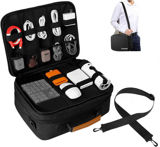 Extra Large Electronics Organizer Travel Case, Cable Organizer Bag with Shoulder Strap, Electronics Accessories Storage Double Layer Bags for Cord, Tablet, Headphone, Charger, Tools, DJ Gifts