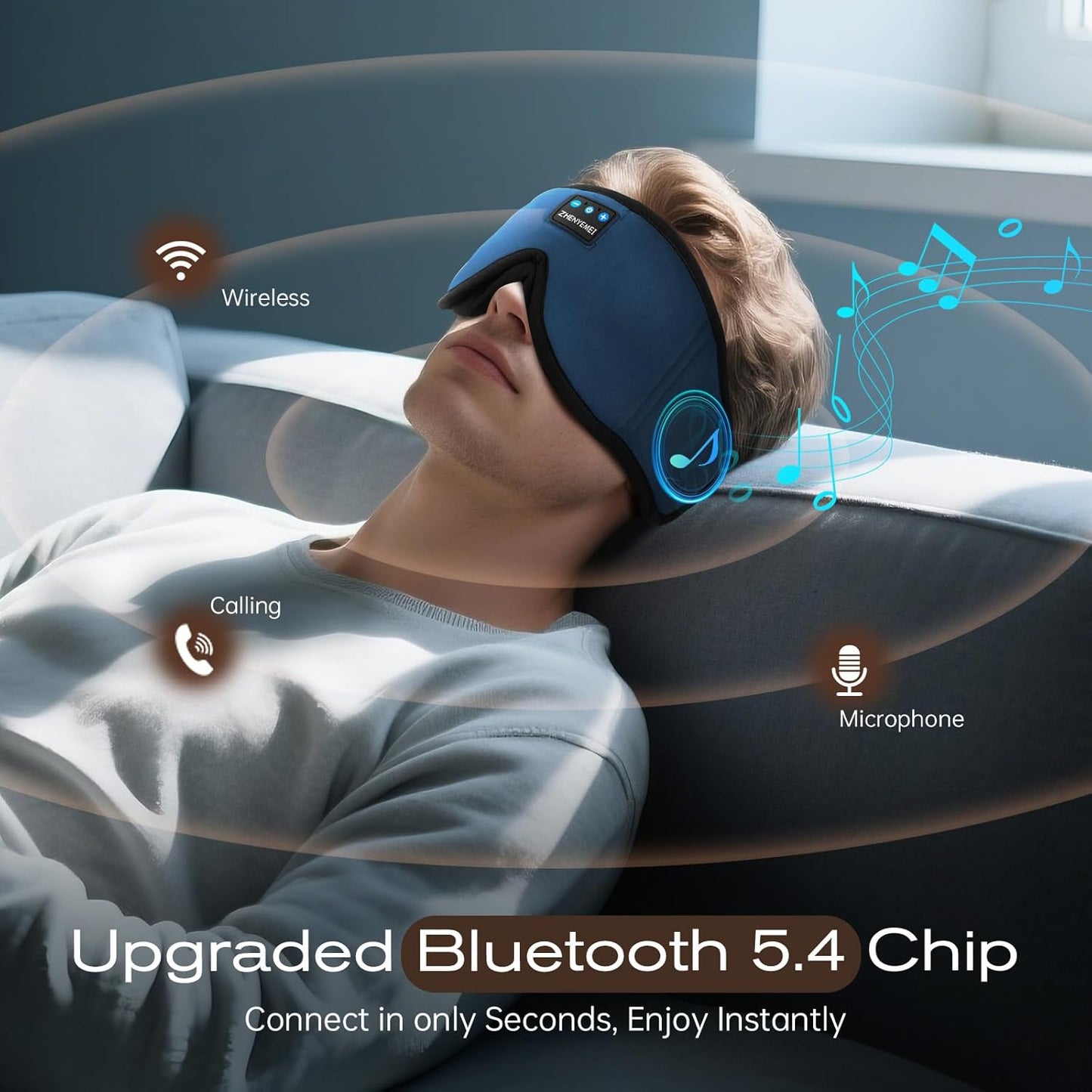 3D Sleep Mask with Bluetooth Headphones, Sleeping Headphones for Side Sleepers, Wireless Music Eye Mask with Ultra-Thin Stereo Speakers for Men, Women, Tech Gifts, Deep Blue