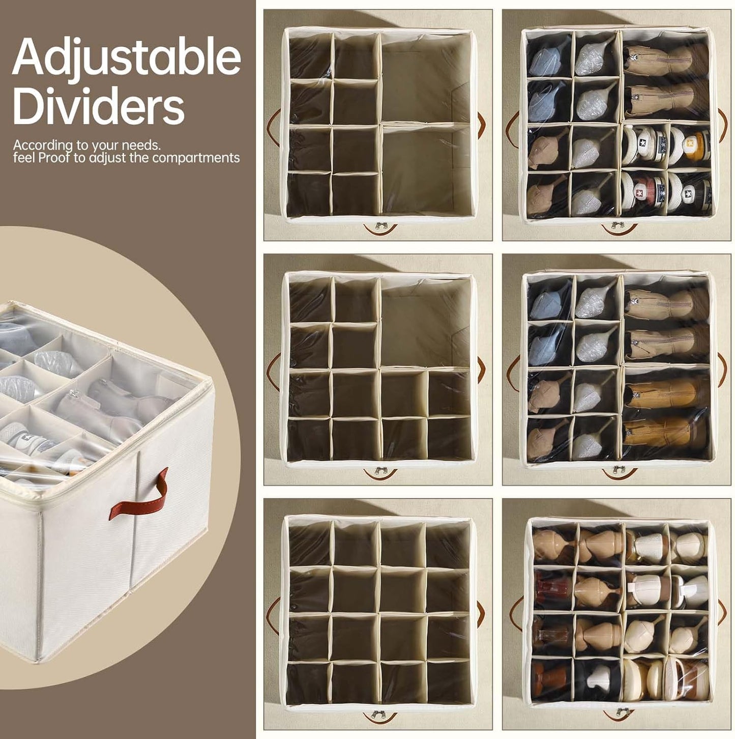 Shoe Organizer for Closet, 2 Pack Foldable Shoe Storage Containers, Fits up to 16-32 Pairs, Adjustable Dividers for Shoe Organizer, Fabric Shoe Storage Bins with Clear Cover, Beige