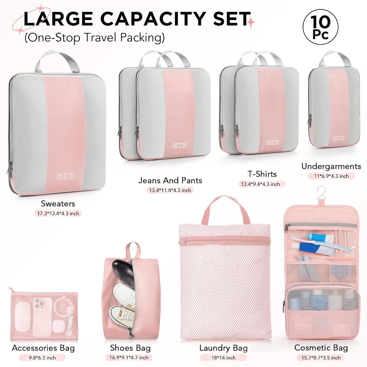10 Set Compression Packing Cubes for Travel Essentials Women Mom,Compressible Expandable Packing Cubes for Suitcase,OlarHike Luggage Organizer Bags for Travel,Handy Helper for Organizing Clothes(Pink)