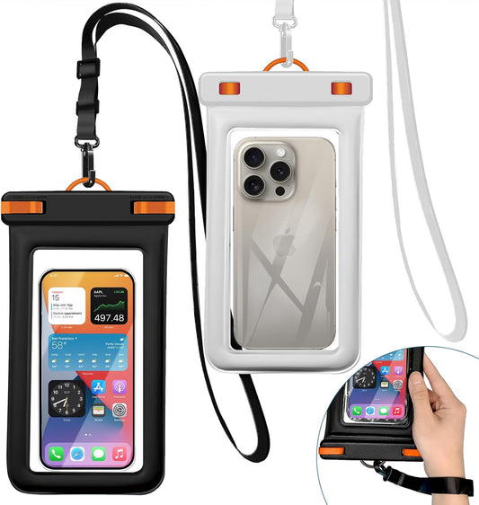 IPX8 Floating Waterproof Phone Case 2-Pack,7.2 Inch Waterproof Phone Pouch for iPhone 16/15/14 Pro Max Galaxy S24/S23 Adjustable Lanyard + Wrist Strap Beach Swimming Travel Essentials