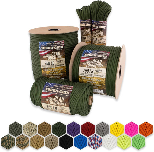 TOUGH-GRID 750 Paracord Rope Nylon Parachute Cord, Made in USA Survival Kit, Outdoor Adventures, Camping, Tactical Gear & Emergency Supplies, Military Type IV Mil-Spec