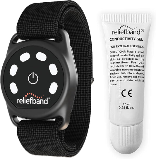 Reliefband Sport Anti-Nausea Wristband | Waterproof, FDA Cleared, Nausea & Vomiting Relief for Motion Sickness (Car, Air, Sea) & Morning Sickness, Drug & Side Effect Free (Black, 1 Extra Gel Tube)