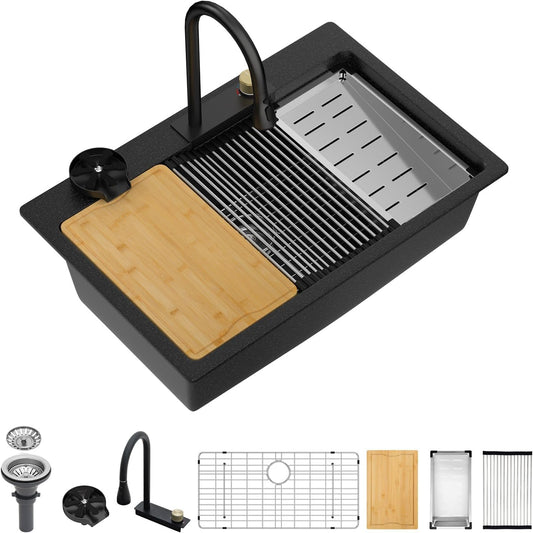 Dcolora Waterfall Smart Kitchen Sink 33x22 Drop In Single Bowl Multifunctional Kitchen Sinks With Faucet And Cup Washer,33 Inch Granite Composite (Black) DC-SFDOE00002