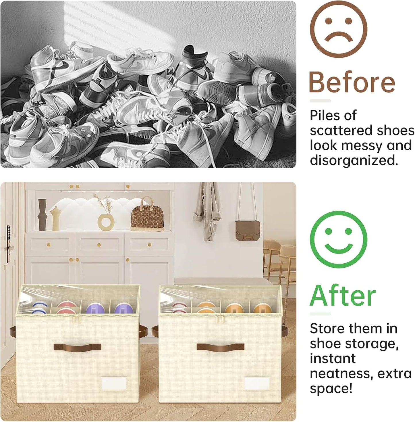 3 Pack Shoe Organizer for Closet, Foldable Shoe Storage Containers, Fits 24-48 Pairs, Shoe Storage Organizer Box Cubby Baskets Bins with Clear Cover and Reinforced Handles, Beige