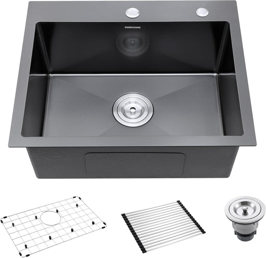 Black Kitchen Sink Drop-In 22 x 18 inch, SINKVINE PVD Nano Stainless Steel Bar Sink Outdoor, Top Mount Deep Single Bowl RV Laundry Basin, w/Drain Strainer, Bottom Grid, Roll-up Drying Unit, Dark Gray