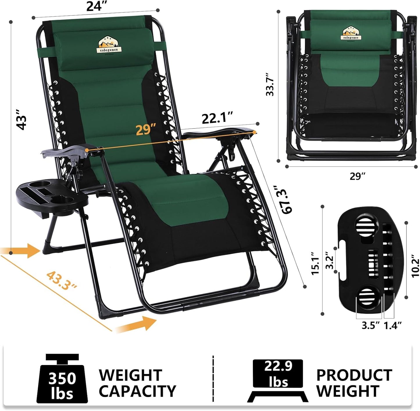 Oversized Padded Zero Gravity Lounge Chair Set of 2, Foldable Patio Anti Gravity Reclining Chairs Folding Lawn Recliner with Cup Holder for Yard, Camping, Outdoor, Support 350 LBS, Green
