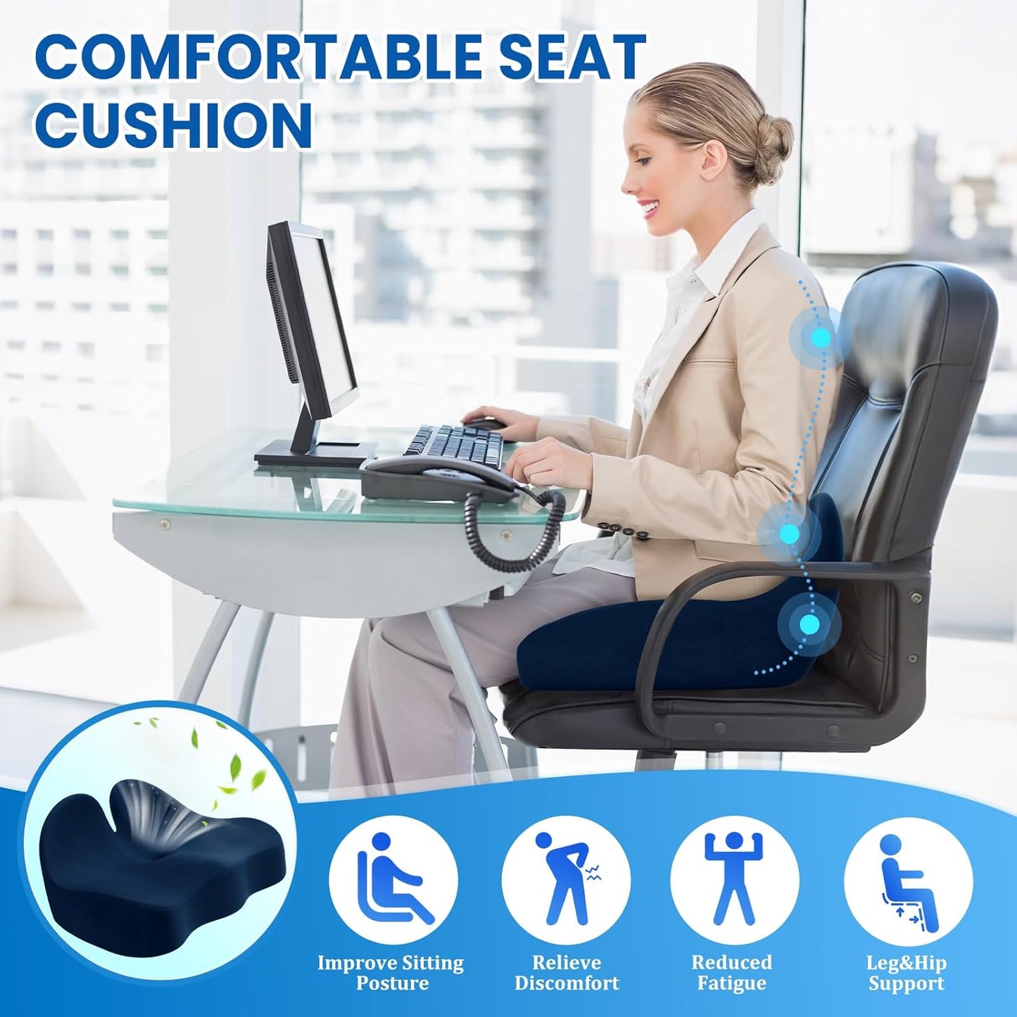 Seat Cushion, Memory Foam Office Chair Seat Cushion for Office Chairs/Car/Long Trip/Desk Chair/Gaming, Extra Large Size for Sciatica & Hip & Tailbone Pain Relief, Sciatica Support (Blue)