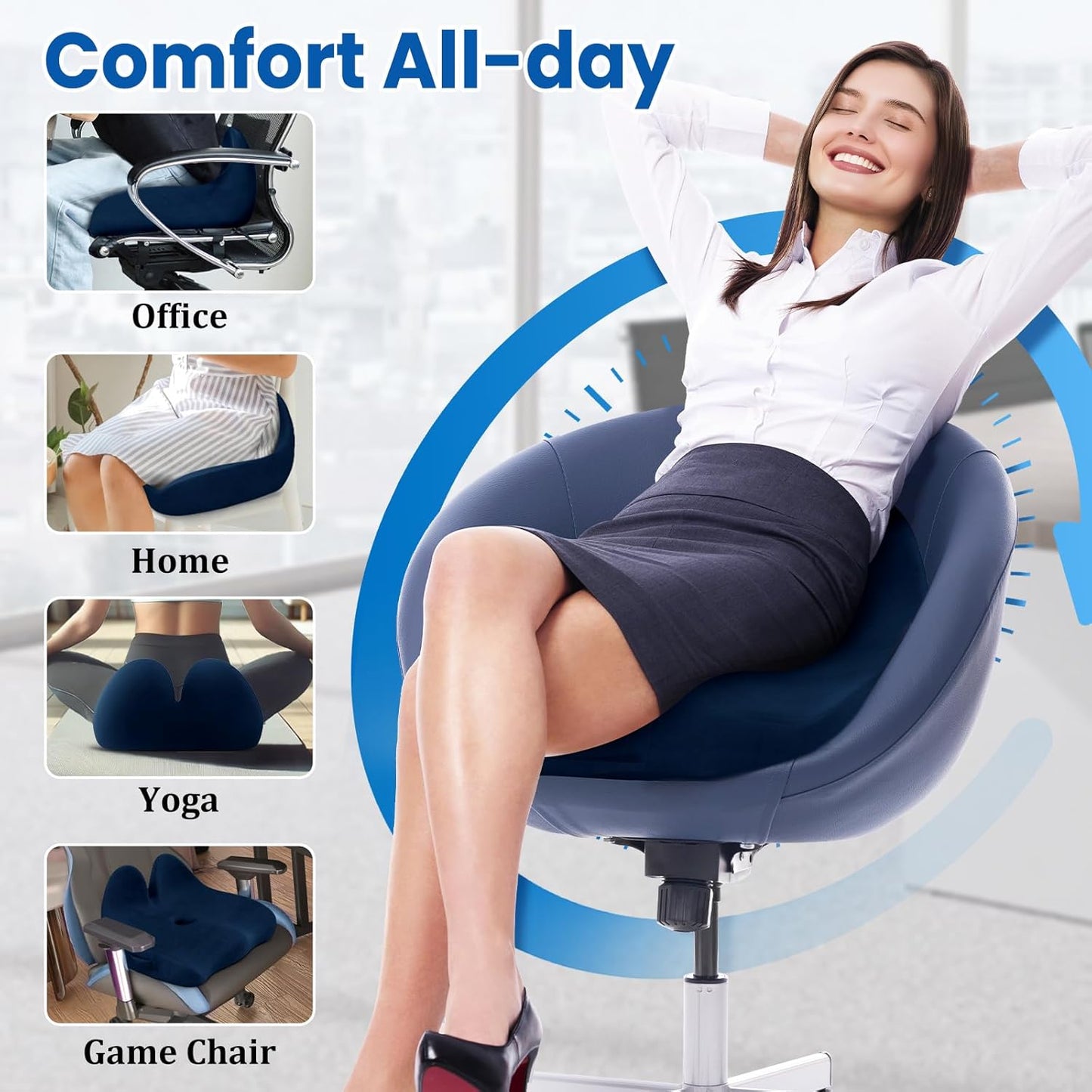 Seat Cushion, Memory Foam Office Chair Seat Cushion for Office Chairs/Car/Long Trip/Desk Chair/Gaming, Extra Large Size for Sciatica & Hip & Tailbone Pain Relief, Sciatica Support (Blue)