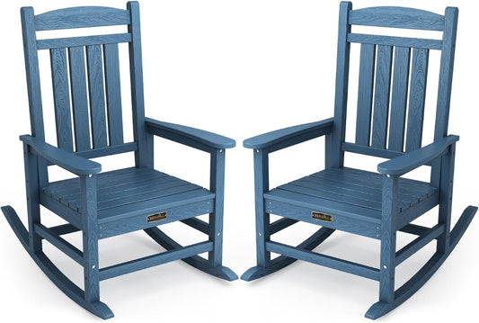 SERWALL Outdoor Rocking Chair Set of 2, HDPE Patio Rocking Chair All-Weather Porch Rocker for Balcony, Yard, Blue