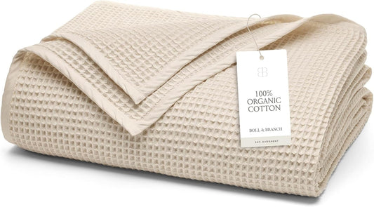 BOLL & BRANCH Waffle Bed Blanket - King/Cal King, Natural - Luxury 100% Organic Cotton - Soft, Lightweight and Breathable - Textured Waffle Weave