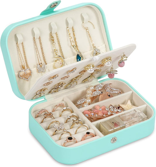 Travel Jewelry Box, PU leather Small Jewelry Organizer For Female Girls, double layer portable mini travel case for storing earrings, rings, necklaces.(Green)
