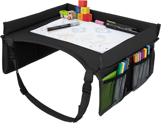 Children Auto Lap Pad - Travel Tray Tablet Holder，Car Seat Lap Tray for Toddlers, Kids，Use on Airplanes, Road Trips, Lap Desk，Tablet Holder and Carry Bag (Black)
