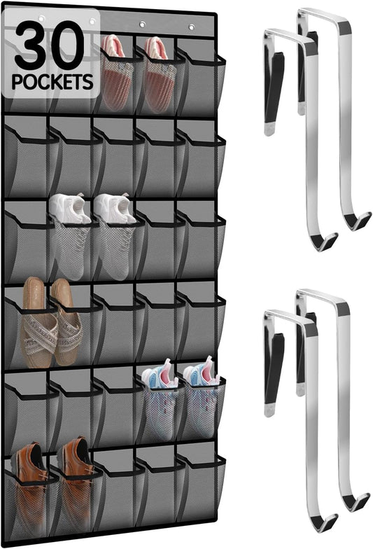 Over the Door Shoe Organizer with 30 Breathable Mesh Pockets - Large Capacity Closet Storage for Men & Women, Hanging Shoe Rack Organizer -Gray