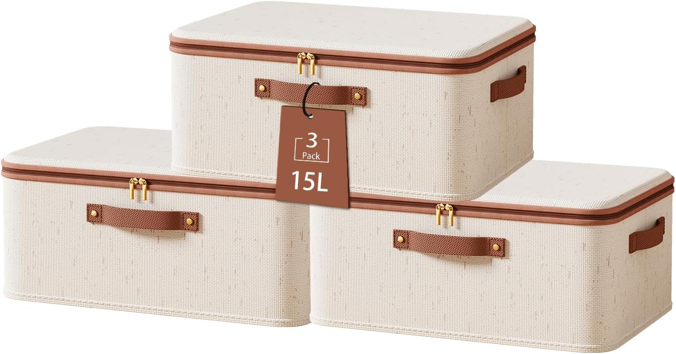 Tuza 3 Pcs Rigid Storage Bins with Zipper Lid, Cotton Linen Fabric Storage Boxes, Foldable Shelves Clothes Storage Cubes with Handles for Wardrobe, Closet(Beige, 15L)