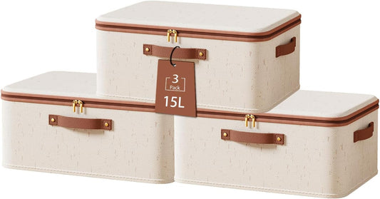 Tuza 3 Pcs Rigid Storage Bins with Zipper Lid, Cotton Linen Fabric Storage Boxes, Foldable Shelves Clothes Storage Cubes with Handles for Wardrobe, Closet(Beige, 15L)