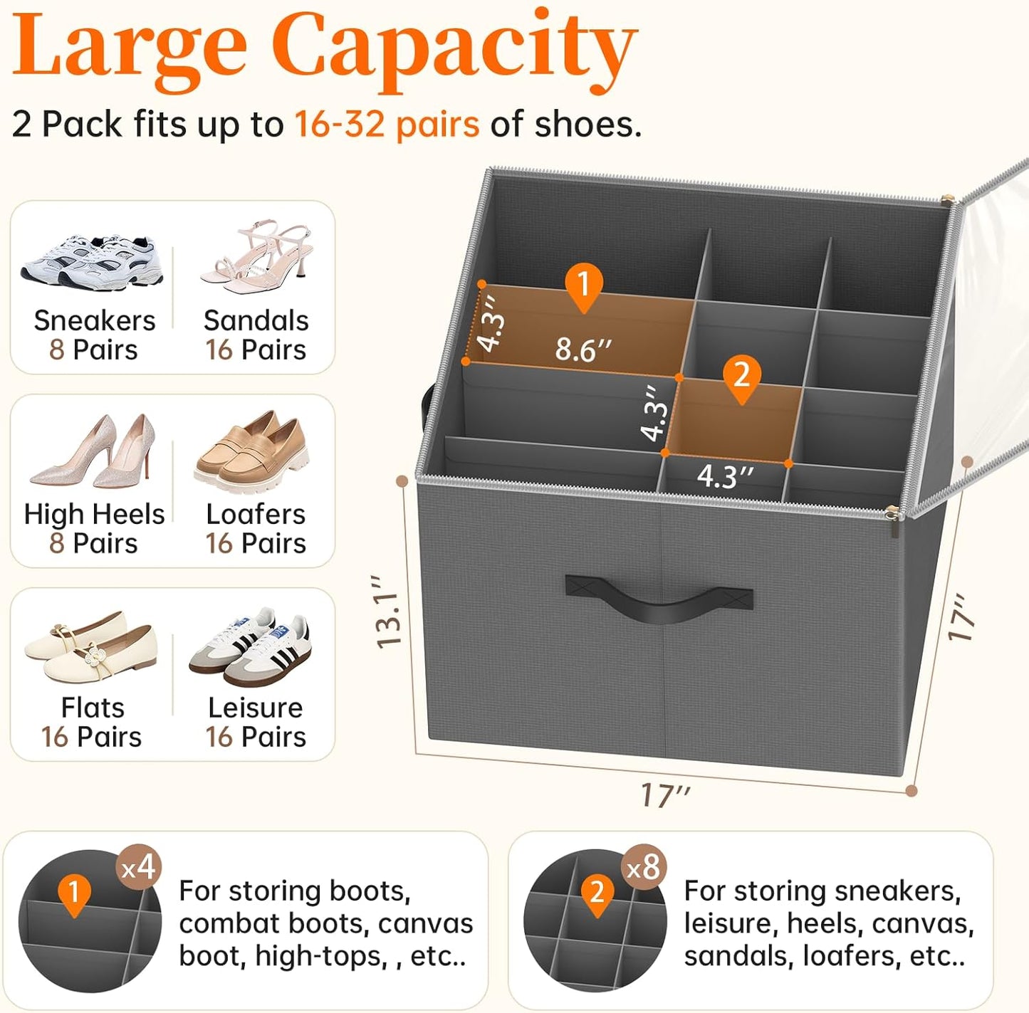 Shoe Organizer for Closet, Foldable Shoe Storage Containers, Fits up to 16 Pairs, Large Shoe Storage Organizer Box Cubby Baskets Bins with Clear Cover and Reinforced Handles, Gray