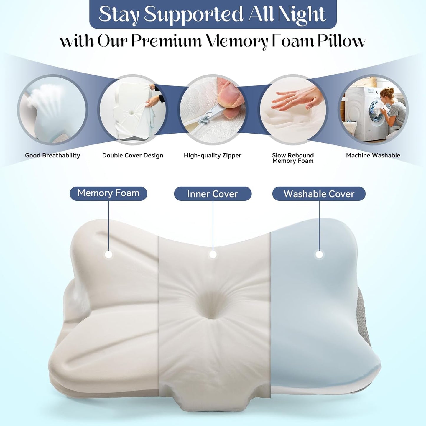 Cervical Pillow for Neck Support, Memory Foam Contour Pillow, Ergonomic Orthopedic Pillow, Adjustable Height Soft Bed Pillow with Breathable Pillowcase for Back, Side, Stomach Sleeper