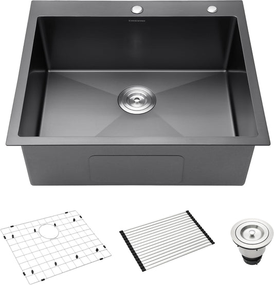 Black Drop-In Kitchen Sink 25 x 22 inch, SINKVINE PVD Nano Stainless Steel Sink for Laundry Outdoor, with Top Mount Large Deep Single Bowl, Drain Strainer, Bottom Grid, Roll-up Drying Unit, Dark Gray