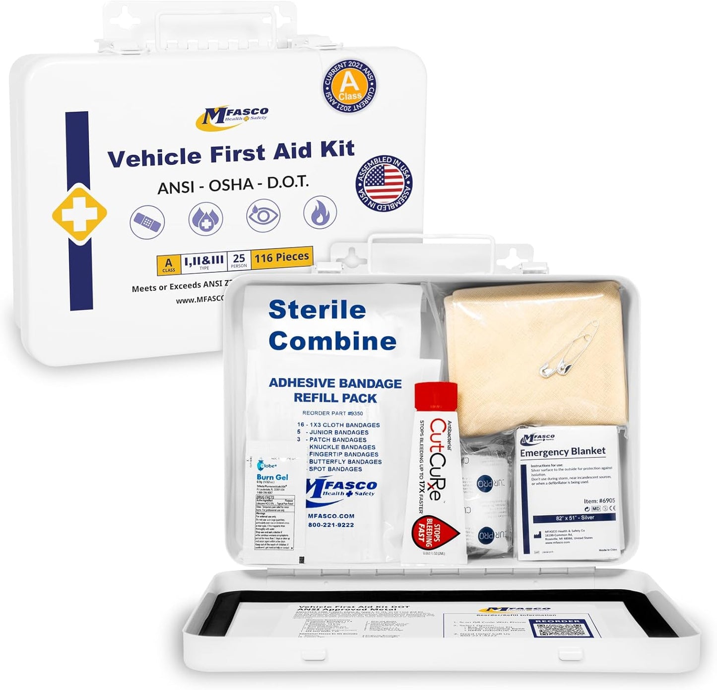 MFASCO Vehicle First Aid Kit - DOT/ANSI/OSHA Compliant - Metal - Portable & Mountable - Waterproof - First Aid Kits for Businesses, Construction, Commercial Vehicles, Workplaces - 115 Pcs