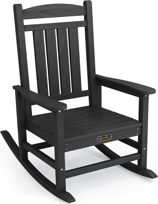 SERWALL Outdoor Rocking Chair, HDPE Patio Rocking Chair All-Weather Porch Rocker for Balcony, Yard, Black