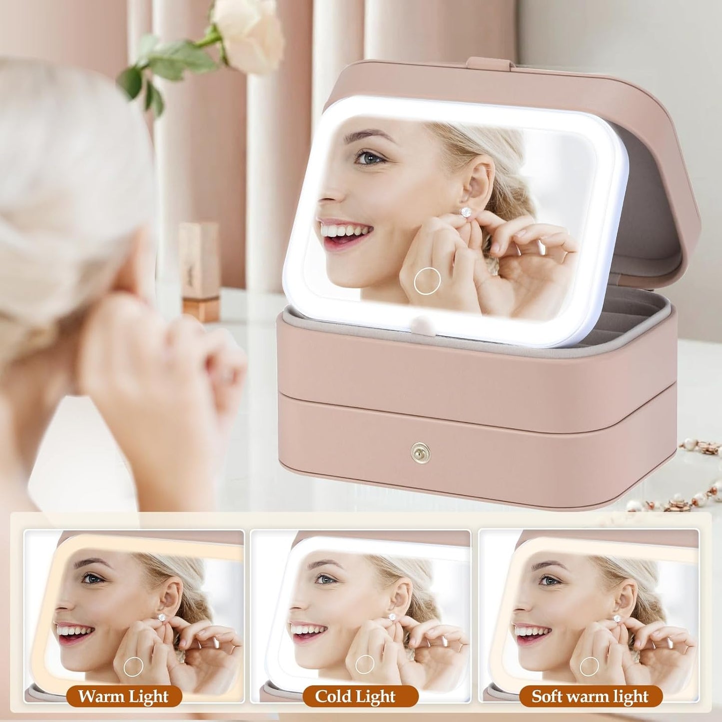 Travel Jewelry Case with LED Lighted Mirror, Personalized Birthday Gifts for Women Girls Kids, 2-Layer Portable Travel Jewelry Organizer, Travel Essentials (Autumn Apricot)