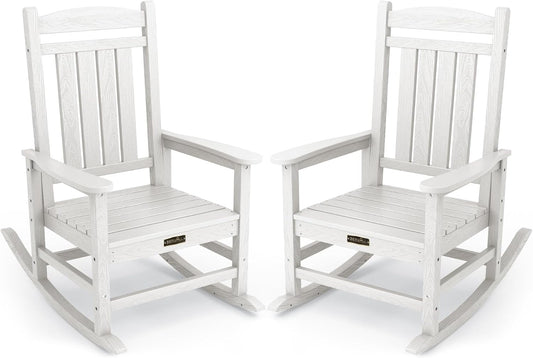 SERWALL Outdoor Rocking Chair Set of 2, HDPE Patio Rocking Chair All-Weather Porch Rocker for Balcony, Yard, White