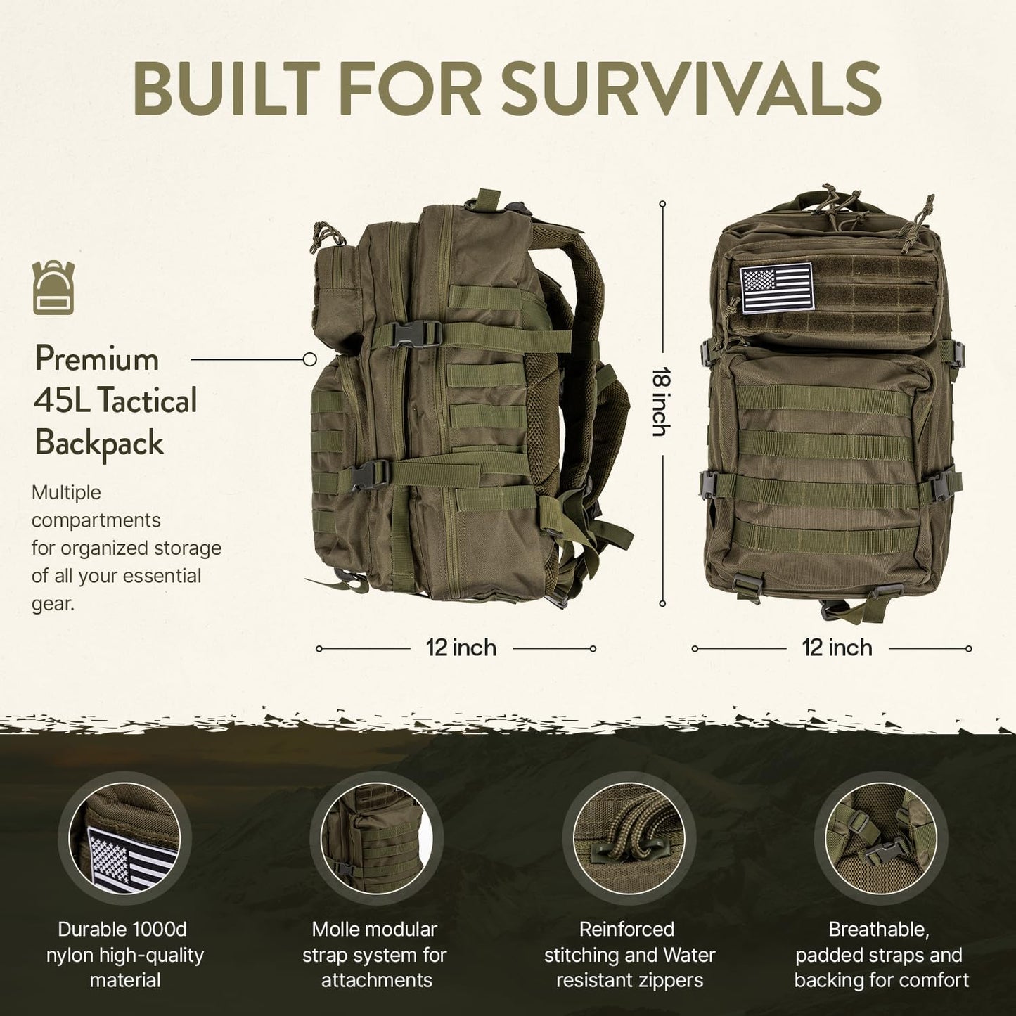 72-Hour Survival Kit | Emergency Bug Out Bag with First Aid, Water Filter, Food, Tools | 45L Tactical Backpack for Camping, Hiking, Outdoor Emergency Preparedness
