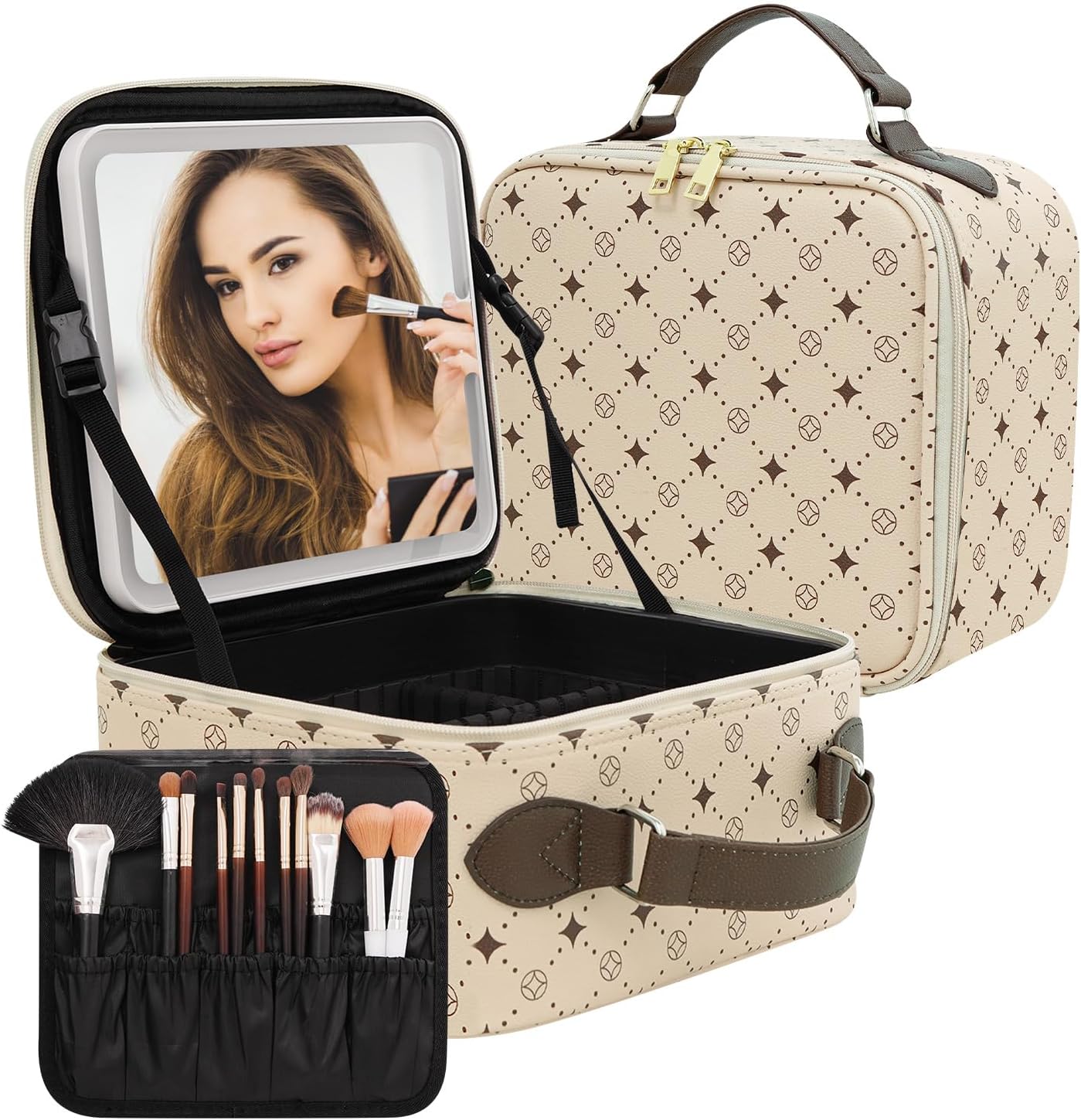 Travel Makeup Bag With 360° rotating LED Mirror,Waterproof cosmetic organizer,Portability Cosmetic case,Makeup organizer,Gift for Women,Girls Gift (Beige + Brown)