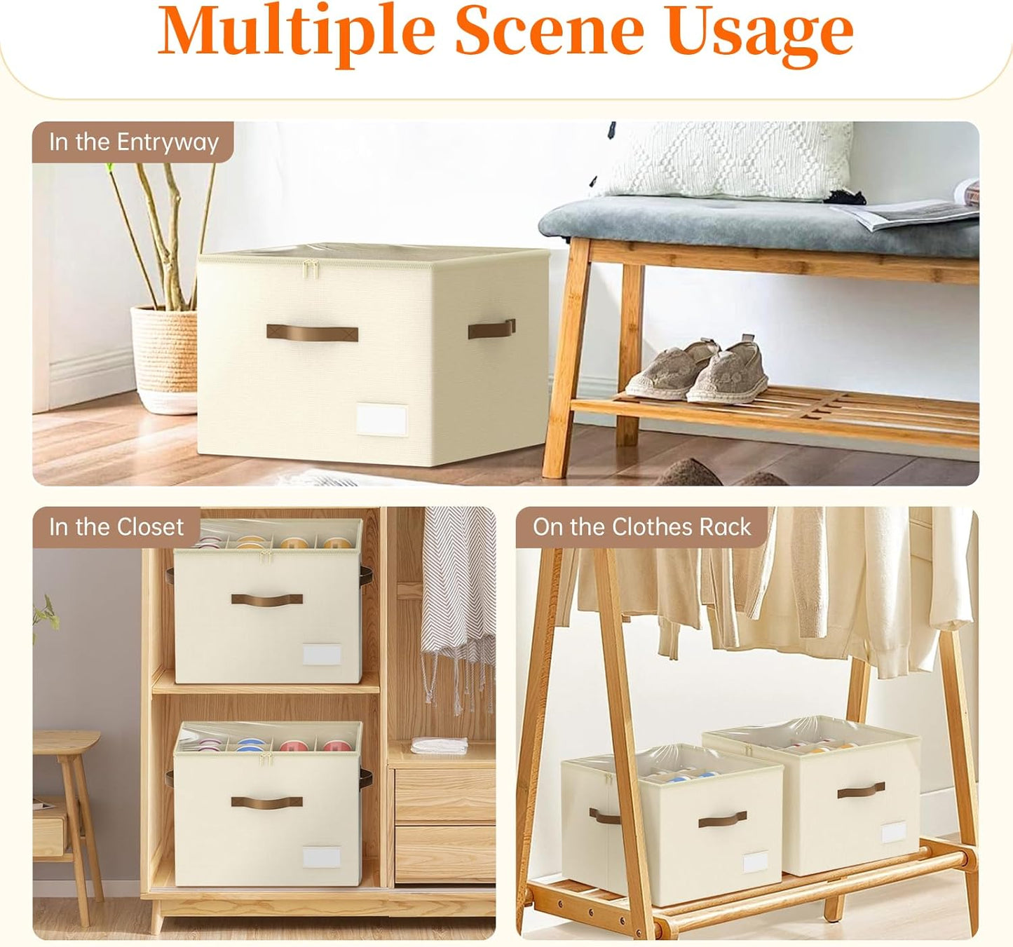 Shoe Organizer for Closet, Foldable Shoe Storage Containers, Fits up to 16 Pairs, Large Shoe Storage Organizer Box Cubby Baskets Bins with Clear Cover and Reinforced Handles, Beige