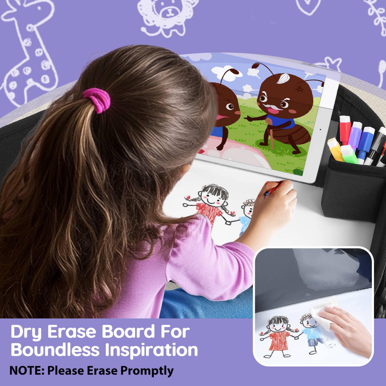 2Pcs ‎Kids Travel Tray, Kids Travel Trays for Car Seat, Road Trip Essentials for Toddler, Carseat Lap Tray with Dry Erase Board & Storage Organizer for Road Trip Activities for Kid, Black