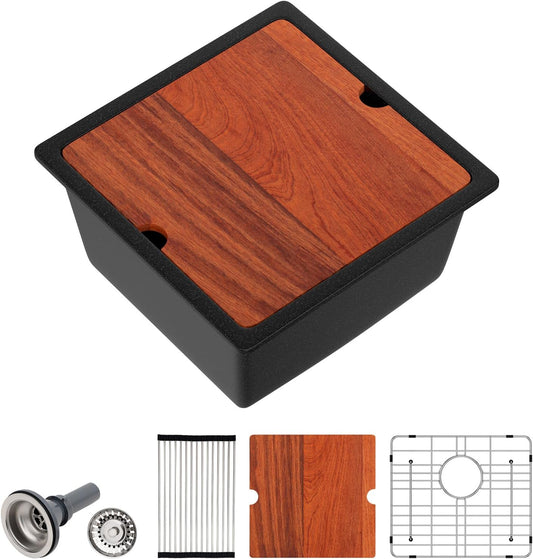 Dcolora 18 In. Wet Bar Sink Granite Composite Undermount Kitchen Sink Black Small Kitchen Prep Sinks Workstaion Single Bowl,#DC-GU0002BS