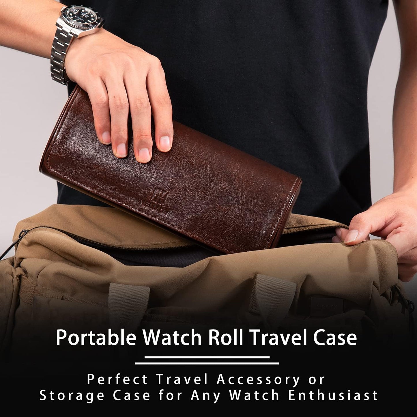 Watch Roll Travel Case: 3 Slot Watch Box Organizer for Men - Watch Storage and Display Case - Watch accessory Fits All Wrist Watches & Smart Watches Up to 50mm (Dark Brown)