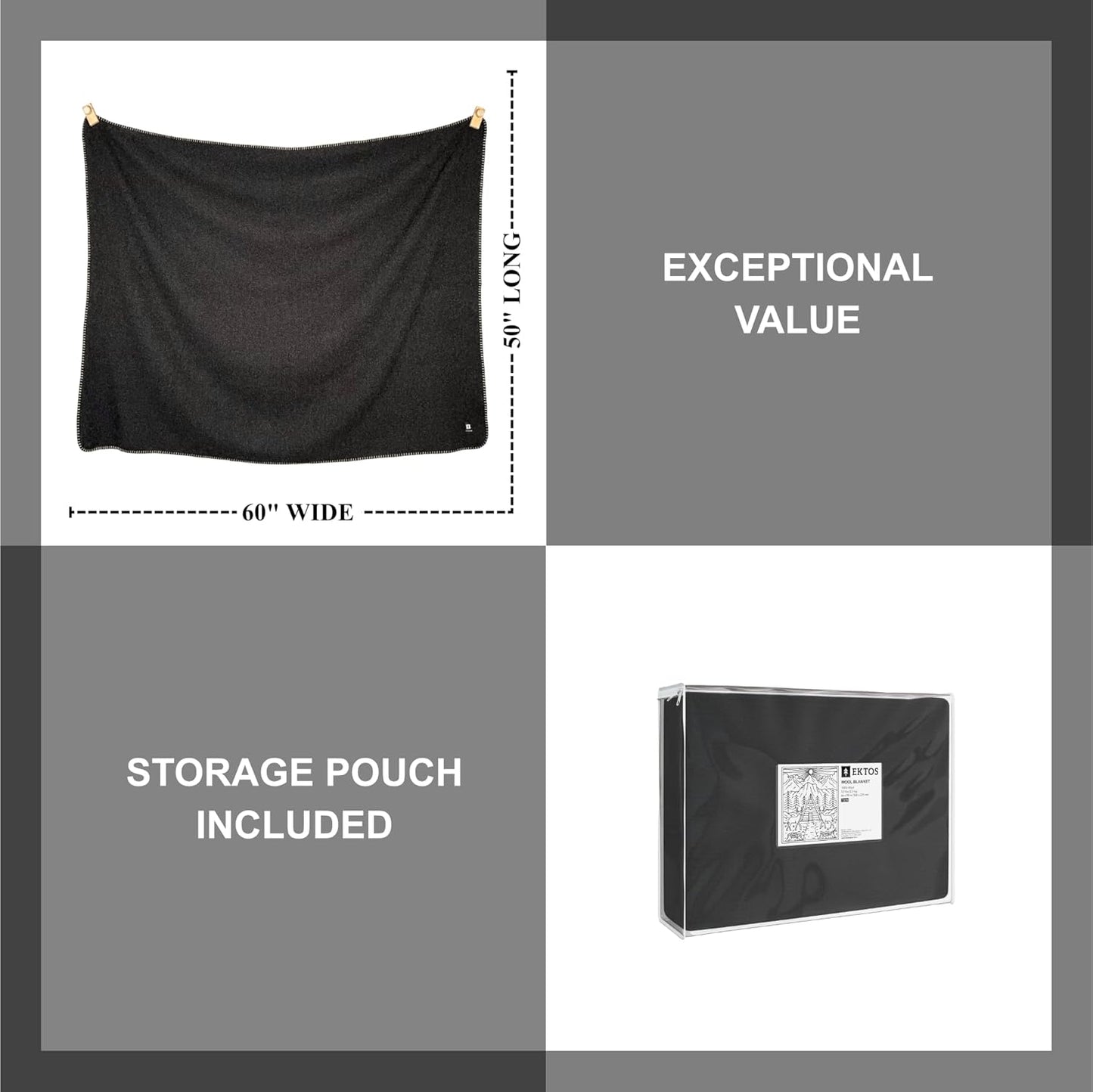 EKTOS 100% Virgin Wool Blanket, 50" x 60", Small, Ideal for Fire Pit or Campfire (Charcoal, Throw Size)