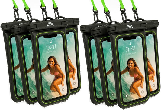 【2025 Upgraded】 8 Pack Black - IP68 Waterproof Phone Pouch Floating Design No Sink Waterproof Phone Case - Beach Pool Travel Essentials - Works w/All Phones - Detachable Lanyard - Black/Hi-Vis Green