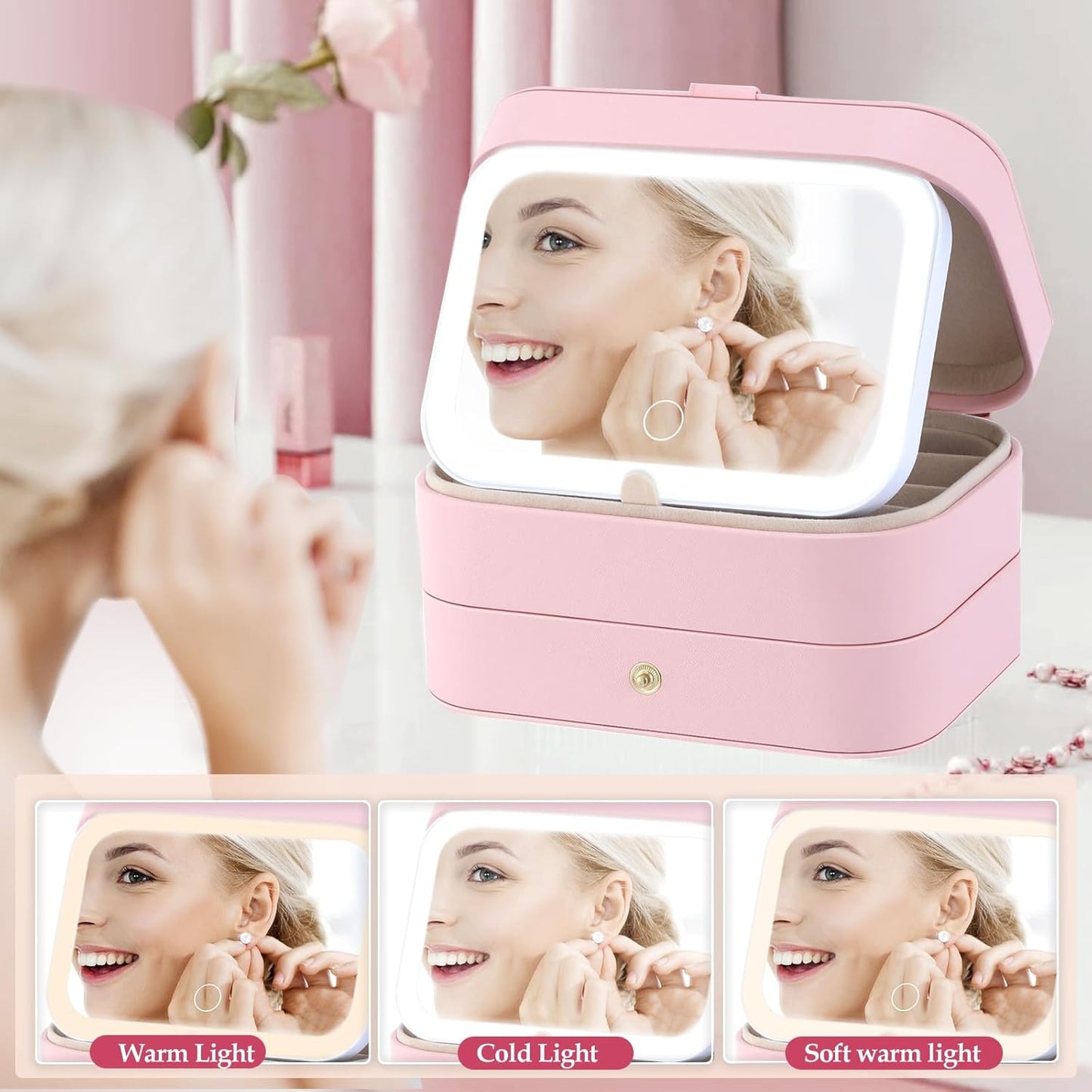 Travel Jewelry Case with LED Lighted Mirror, Personalized Birthday Gifts for Women Girls Kids, 2-Layer Portable Travel Jewelry Organizer, Travel Essentials (Pink)