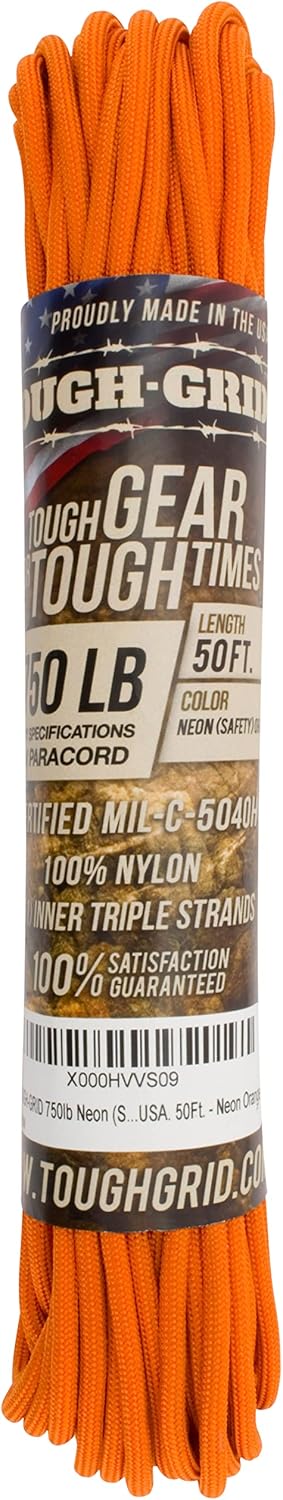 TOUGH-GRID 750 Paracord Rope Nylon Parachute Cord, Made in USA Survival Kit, Outdoor Adventures, Camping, Tactical Gear & Emergency Supplies, Military Type IV Mil-Spec