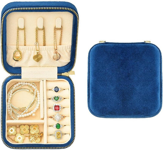 TAIMY Plush Velvet Travel Jewelry Box, Small Travel Jewelry Case, Portable Mini Jewelry Travel Organizer Boxes for Rings Earrings Necklaces Bracelets(Navy Blue,No Mirror)