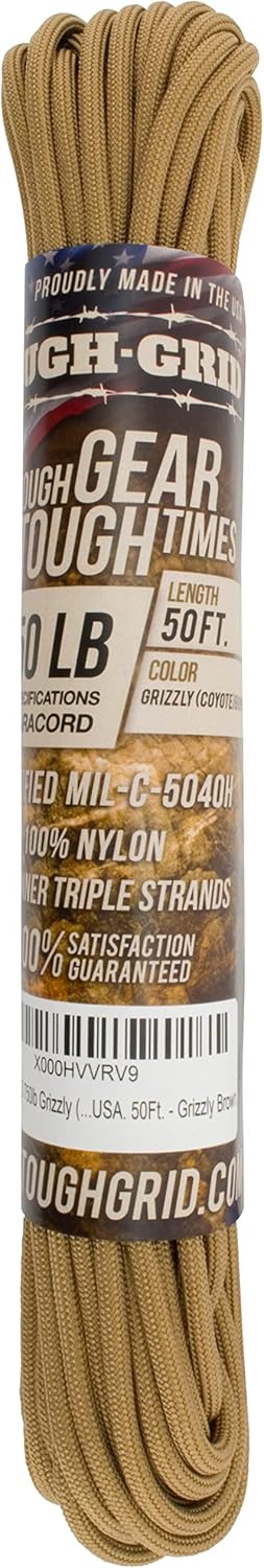 TOUGH-GRID 750 Paracord Rope Nylon Parachute Cord, Made in USA Survival Kit, Outdoor Adventures, Camping, Tactical Gear & Emergency Supplies, Military Type IV Mil-Spec