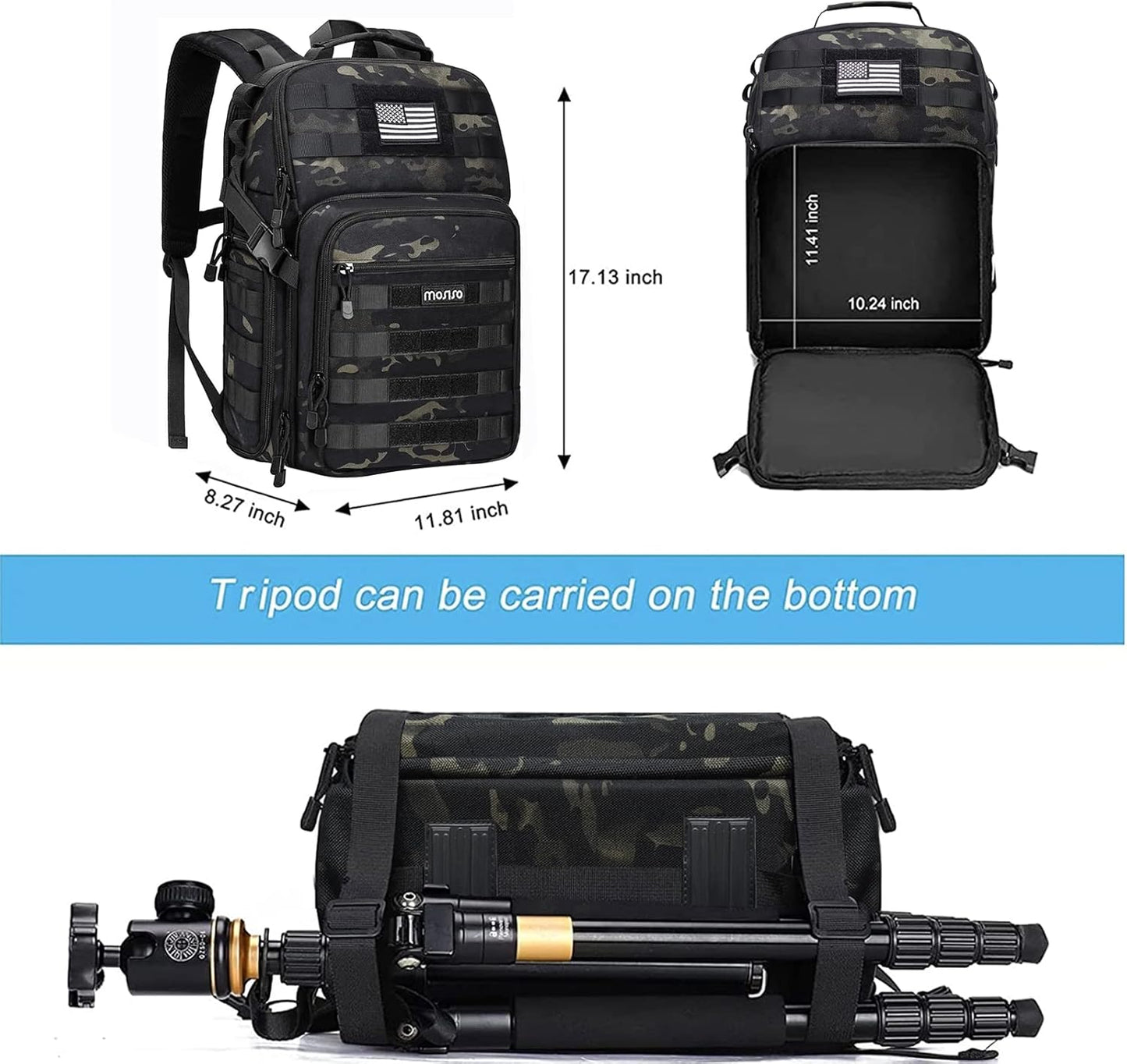 MOSISO Camera Backpack, DSLR/SLR/Mirrorless Photography Tactical Camera Bag Case with Tripod Holder & 15-16 inch Laptop Compartment & USA Flag Compatible with Canon/Nikon/Sony, Night Camouflage