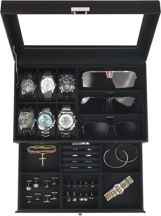 Watch Jewelry Box Organizer, 6-Slot 2-Layer Watch Case and Sunglasses Storage with Large Glass Lid, Men's Jewelry Box with Lock, Watch Holder Display Case, Gift for Men Women