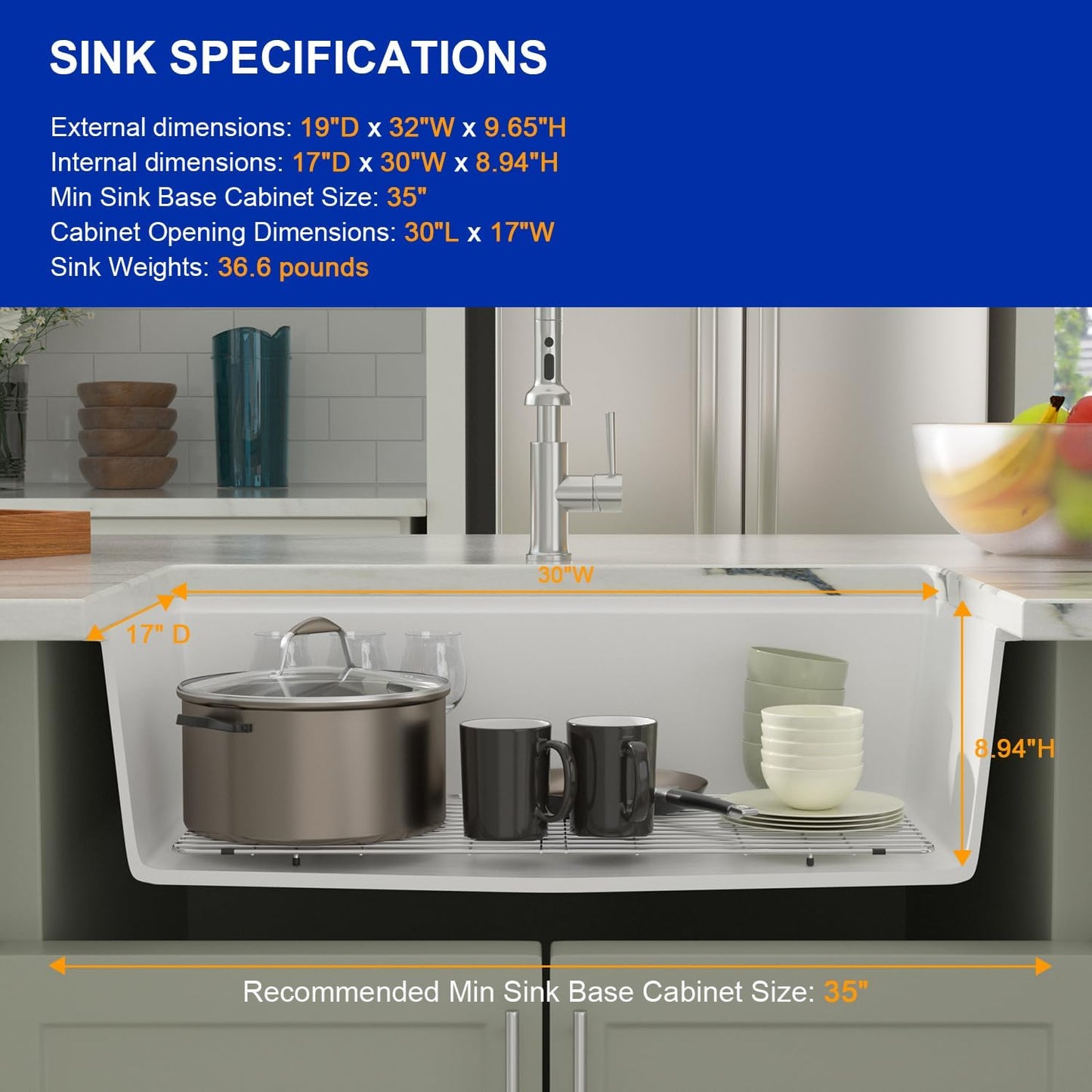 Dcolora 32-Inch Granite Composite White Kitchen Sink, Single Bowl Undermount Workstation Quartz Sink, 32"W x 19"D x 10"H #DC-GU7755