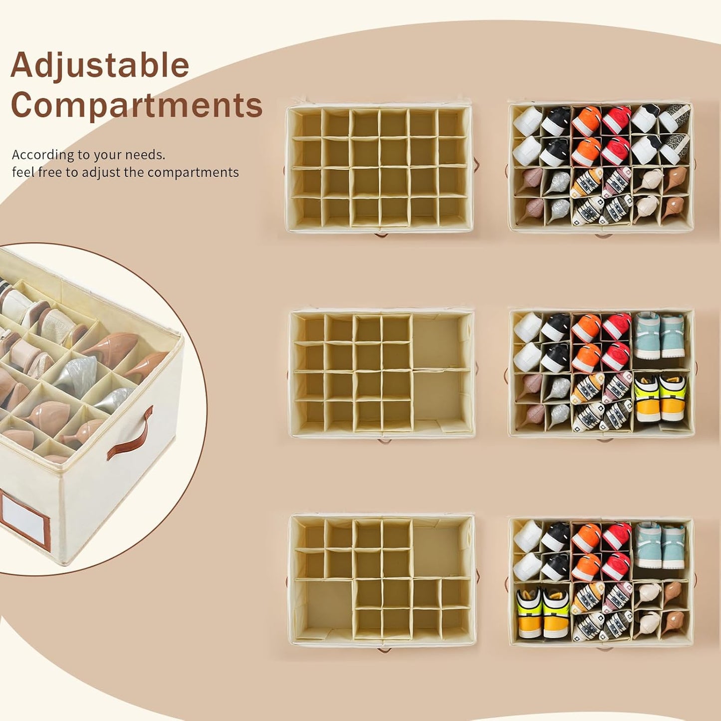 Shoe Organizer for Closet Fit 24 Pairs, Large Foldable Shoe Storage Containers Box Bin w/Adjustable Dividers and Clear Cover, Space Saving Shoe Storage Organizer Box, Beige