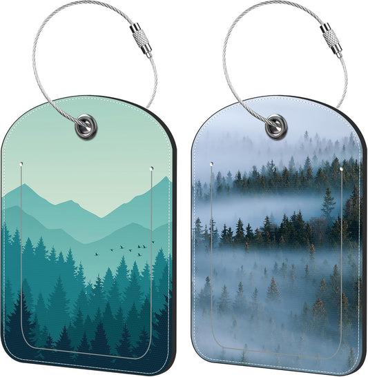 Misty Forest Luggage Tag for Suitcase Set of 2 PU Leather Cute Luggage Tags with Stainless Metal Loop ID Label Privacy Flap Suitcase Tags for Women and Men Travel