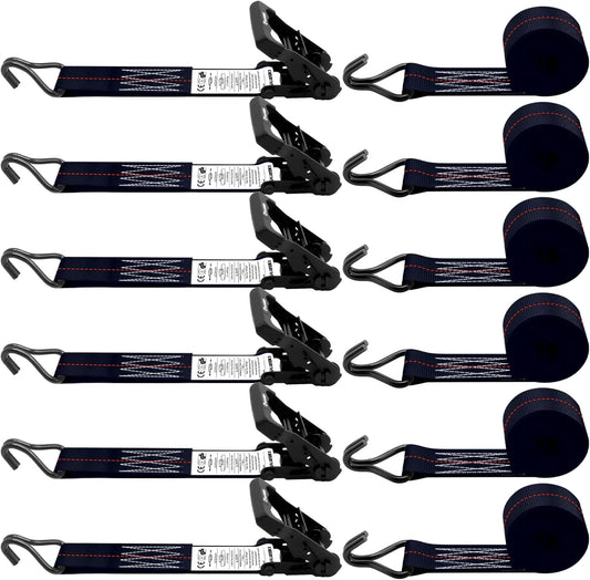 6 Pack 2 inch Ratchet Straps Heavy Duty J Hook 2 in x 15ft with Strong Ratcheting, Cargo Load Tie Down Strap 2200lbs Working Load for Trucks Black