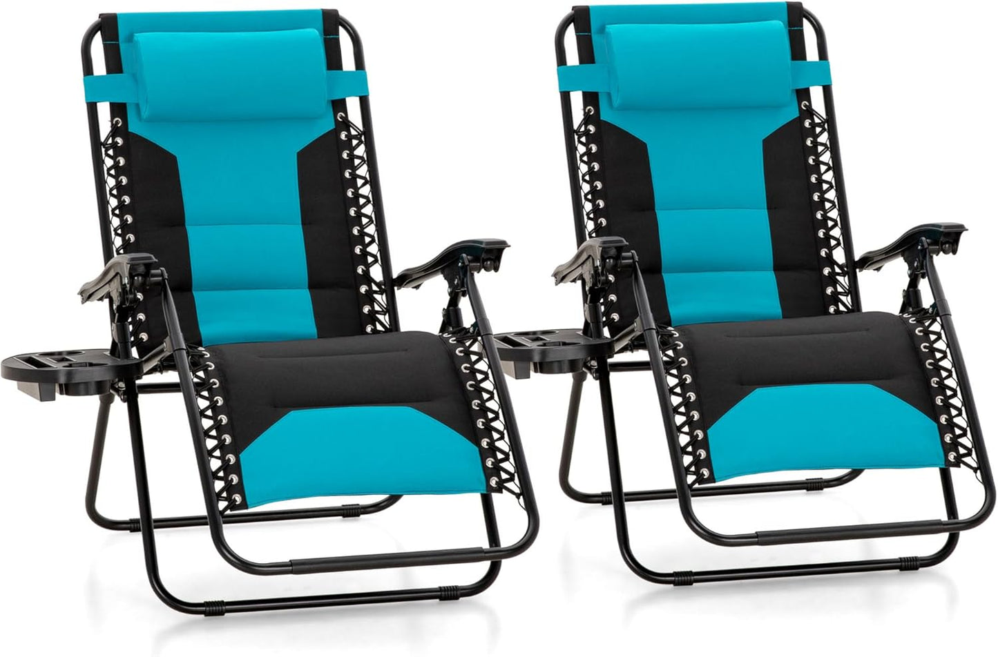 MFSTUDIO Padded Zero Gravity Chair Set of 2, Folding Patio Lounge Recliner with Adjustable Pillows & Cup Holder for Poolside Backyard, Support 400lbs(Pacific Blue)