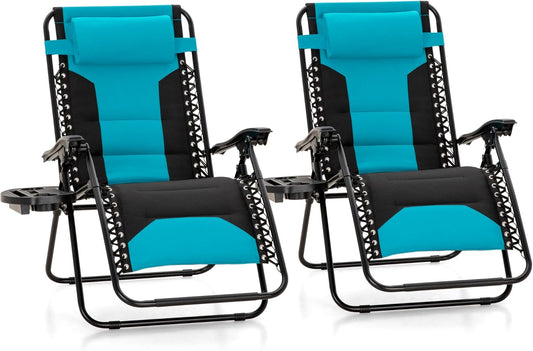 MFSTUDIO Padded Zero Gravity Chair Set of 2, Folding Patio Lounge Recliner with Adjustable Pillows & Cup Holder for Poolside Backyard, Support 400lbs(Pacific Blue)